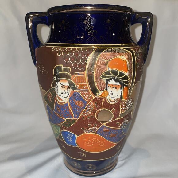 Antique Satsuma Pottery Vase Japan Cobalt Hand Painted Gold w/ Handles 8.5" - Picture 3 of 11